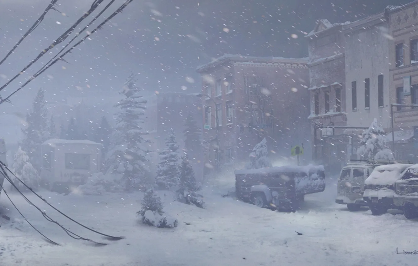 Фото обои зима, машина, снег, город, арт, The Last of Us