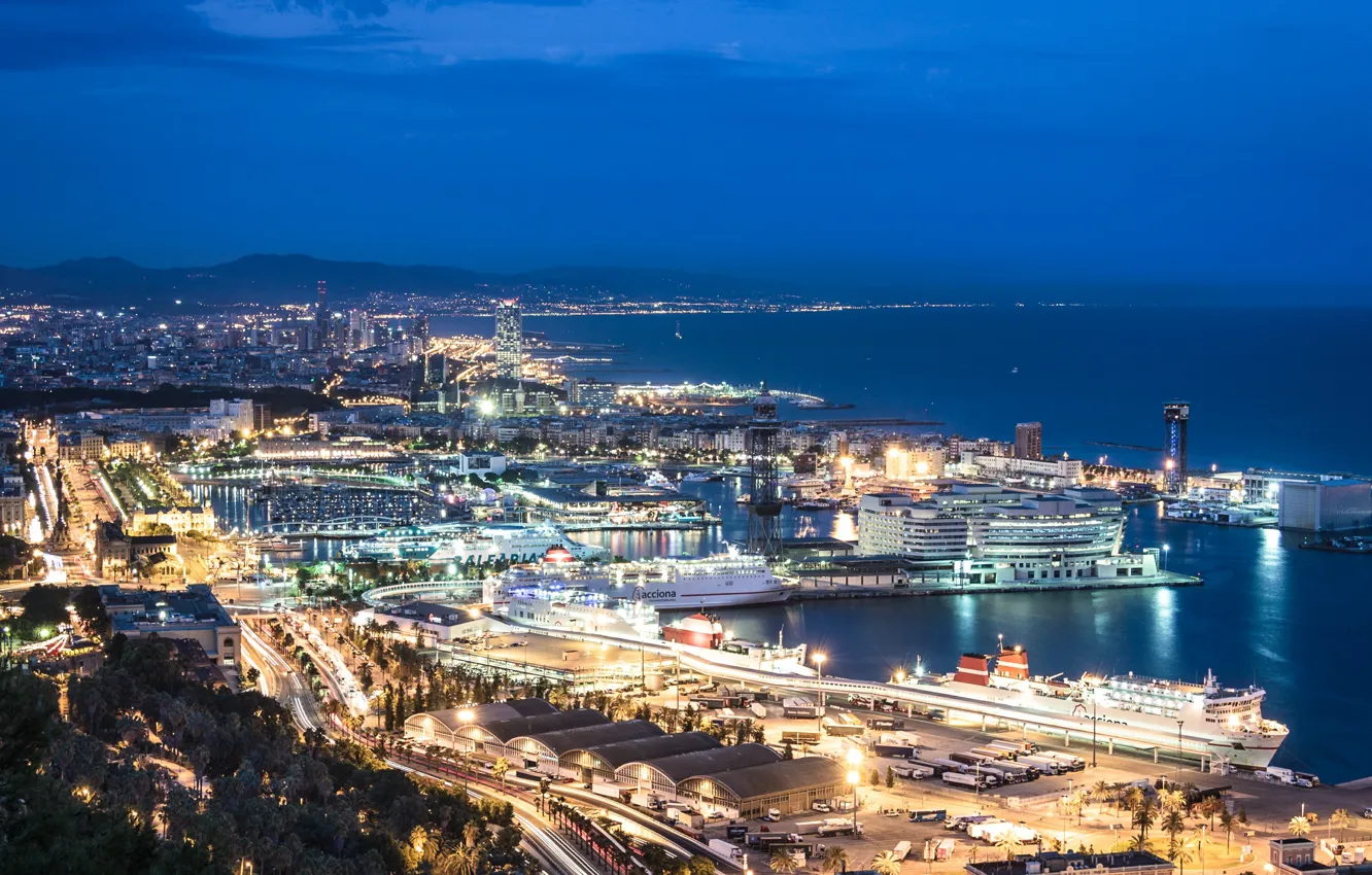 Фото обои Море, Ночь, Панорама, Набережная, Испания, Night, Барселона, Barcelona