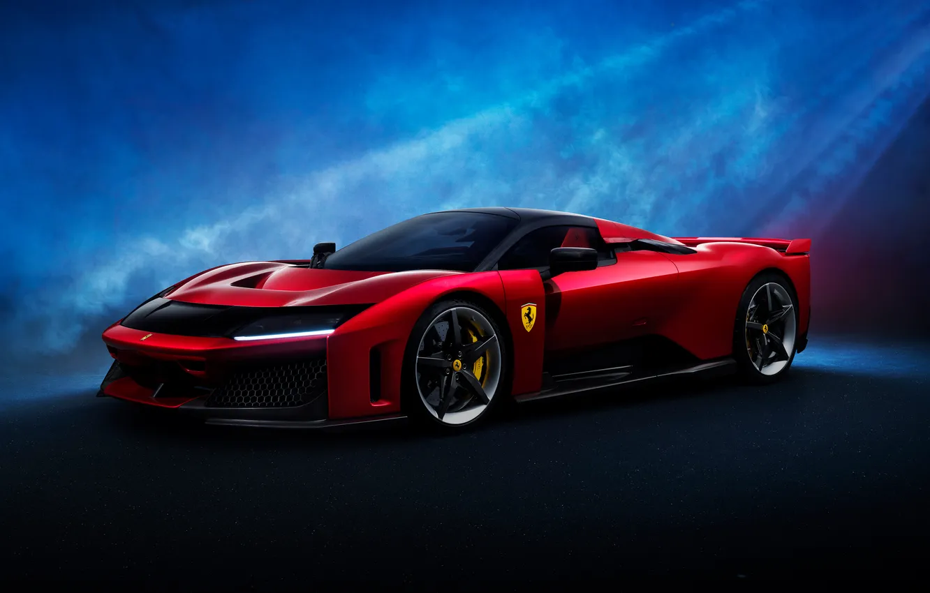 Фото обои Front, Supercar, Вид сбоку, 2025, Italy Car, V6 Engine, Red & Black, Twin Turbo Hybrid