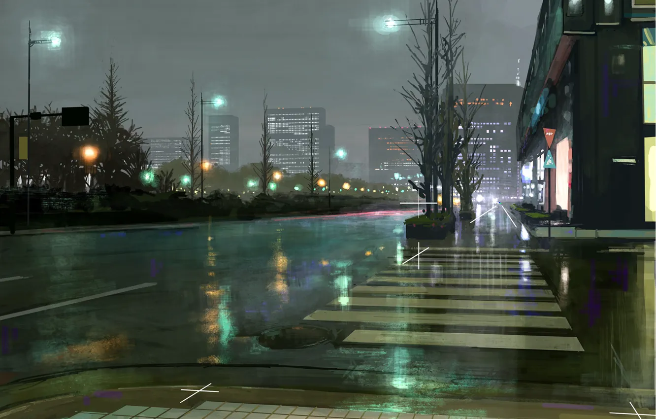Фото обои дорога, город, после дождя