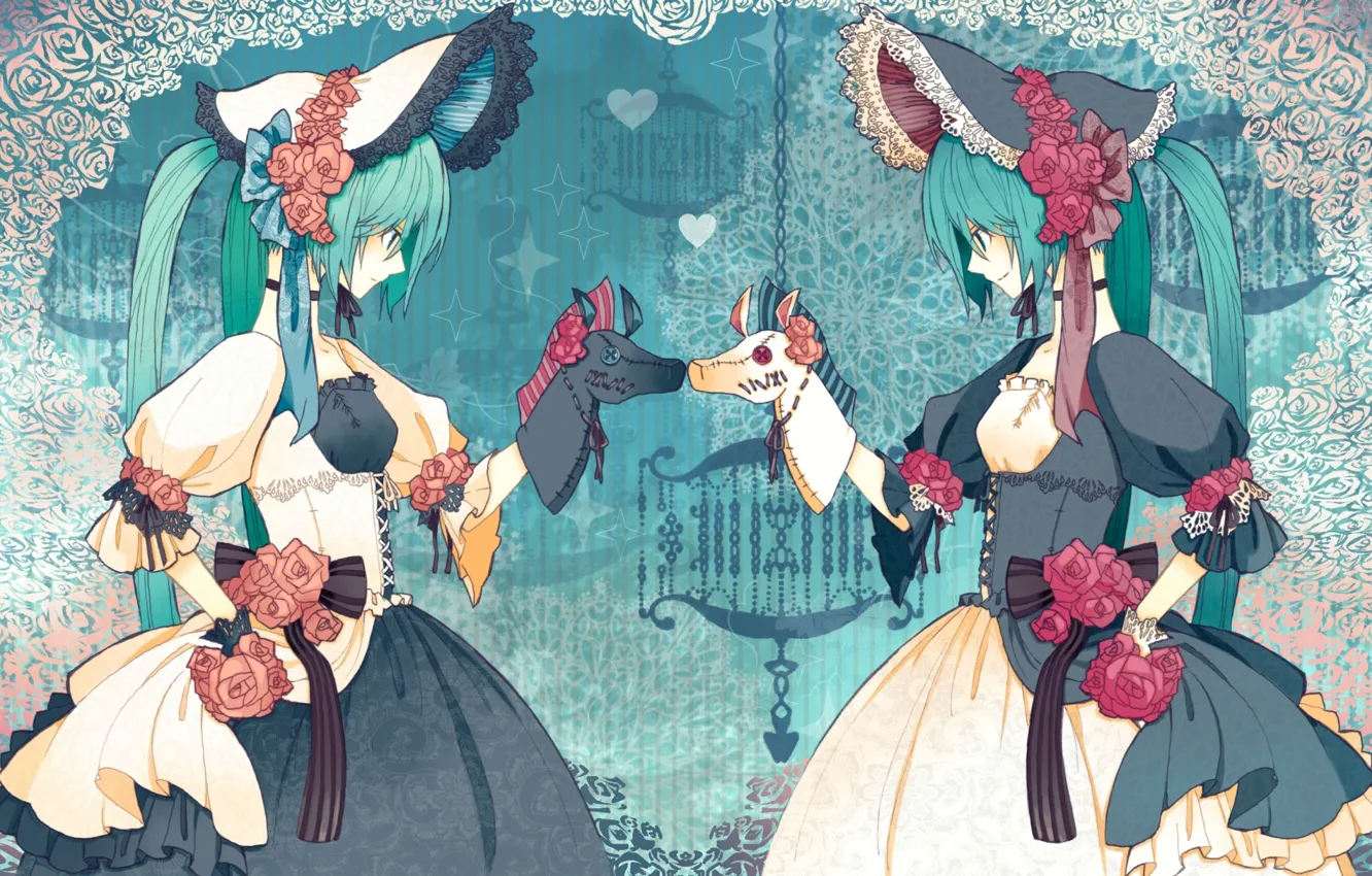Фото обои розы, шляпы, лошадки, кринолин, Hatsune Miku?двое