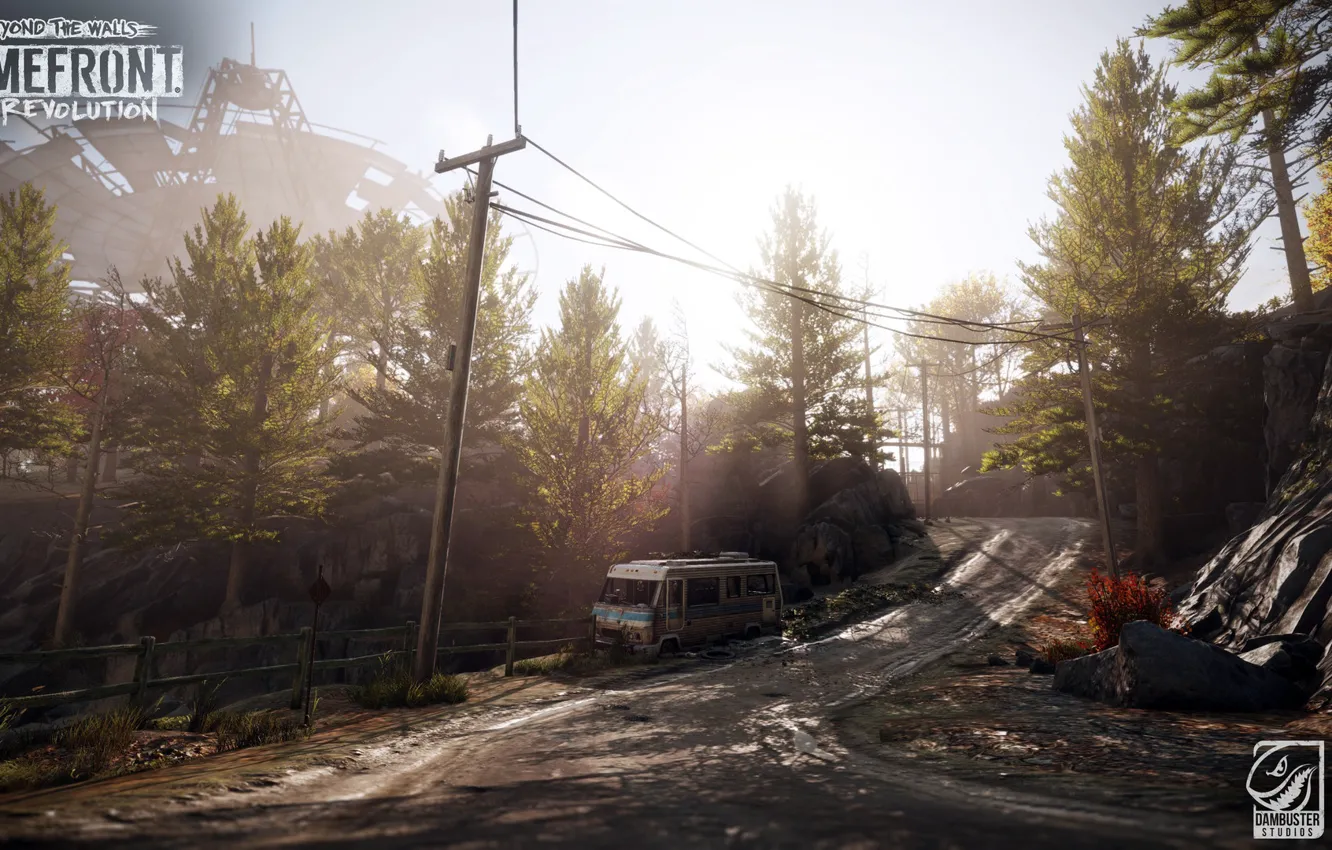 Фото обои дорога, деревья, горы, забор, автомобиль, Homefront, The Revolution DLC3