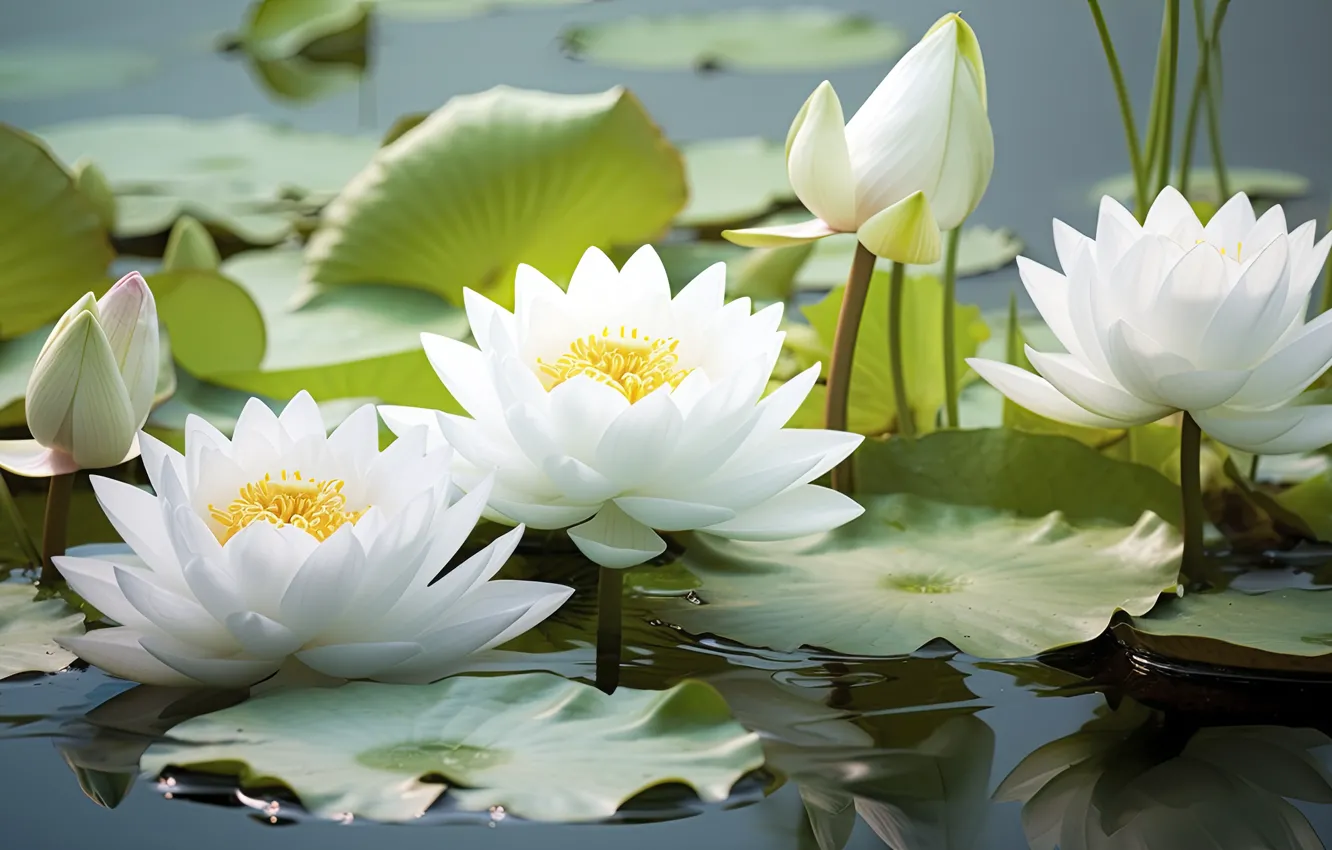 Фото обои листья, цветы, озеро, пруд, белая, водяные лилии, водоем, водяная лилия