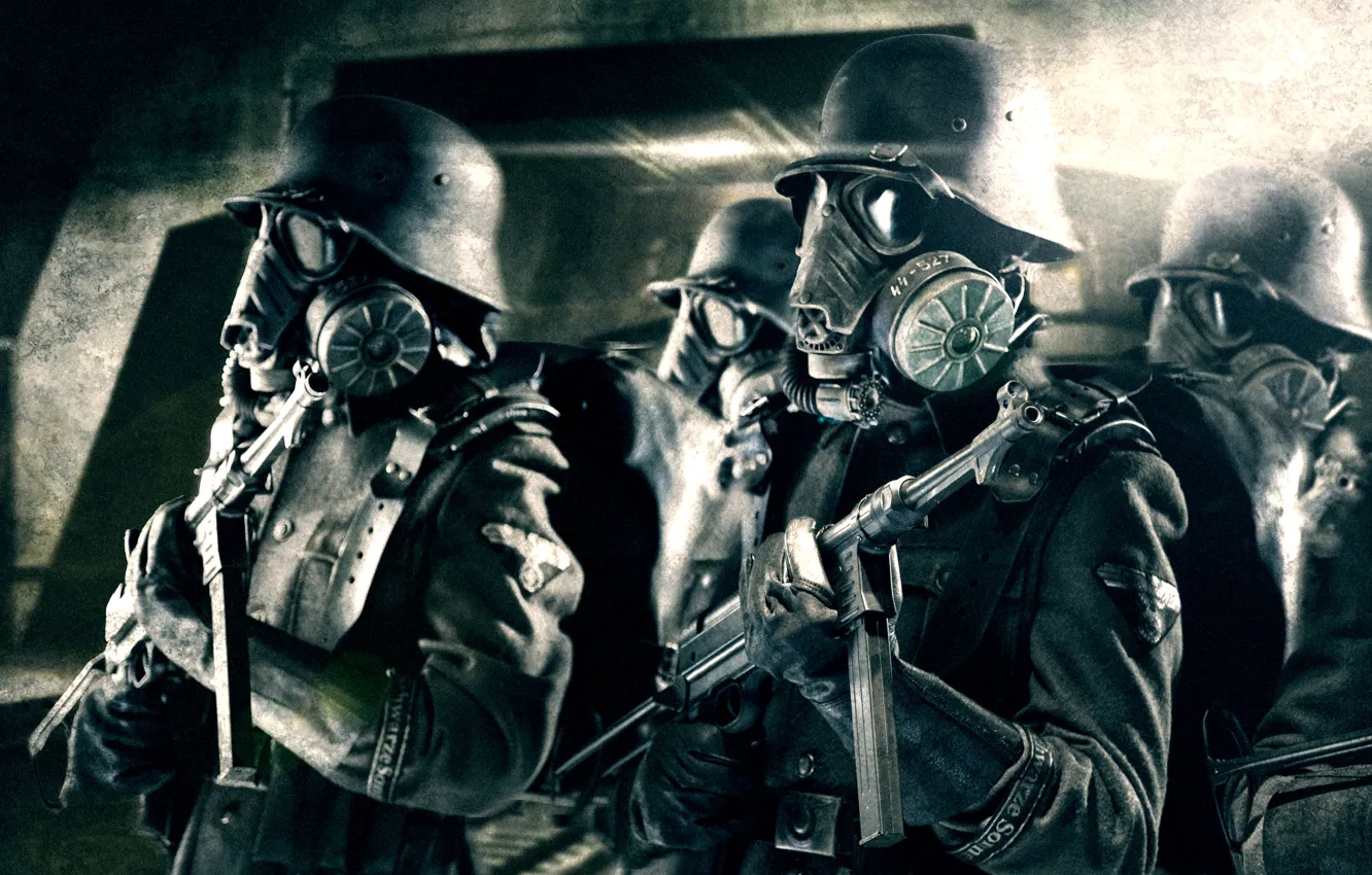 Фото обои Mask, Helmet, Uniform, MP 40, Nazi, Iron sky, SS troopers