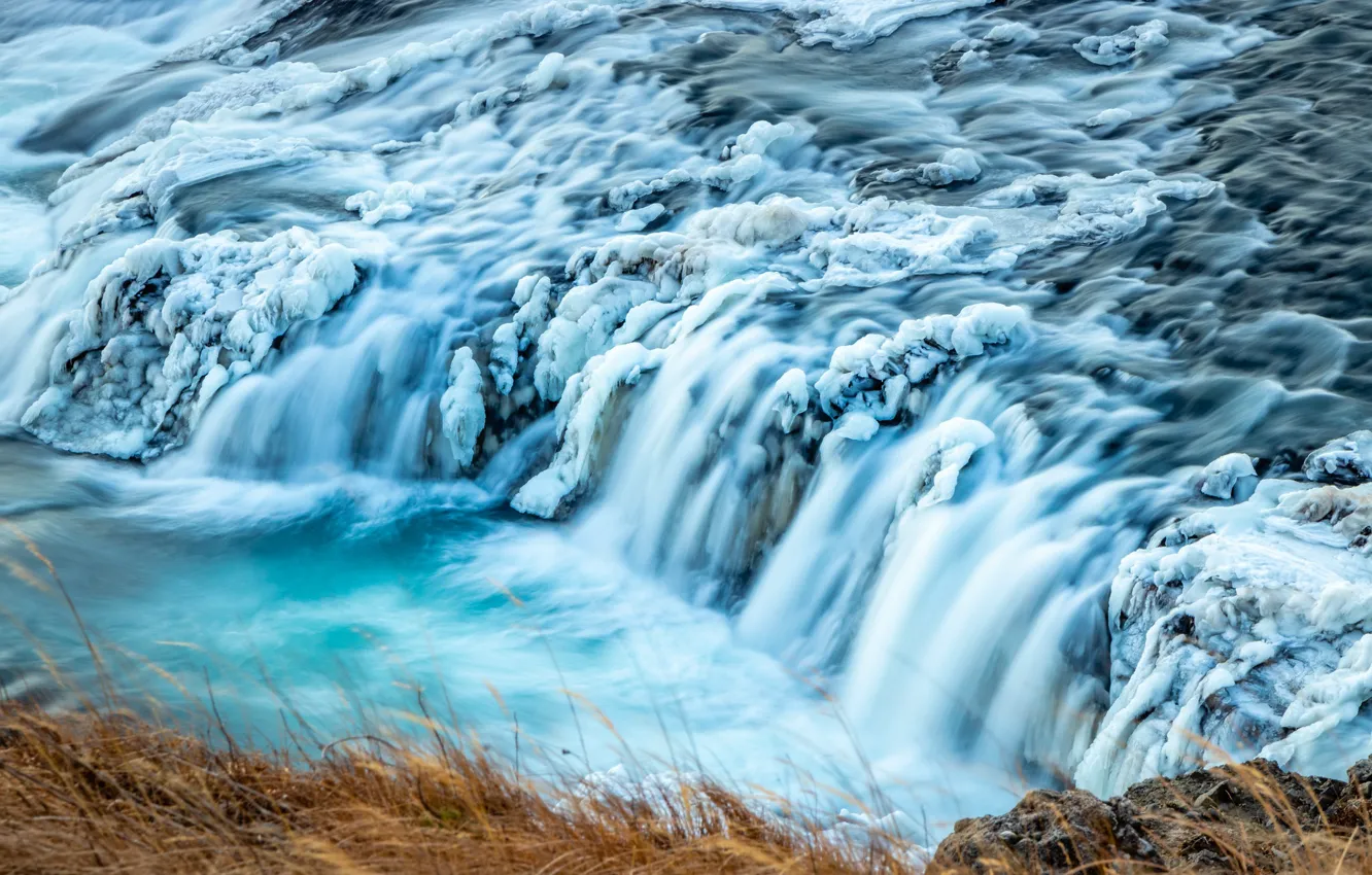 Фото обои зима, снег, водопад, поток, Исландия