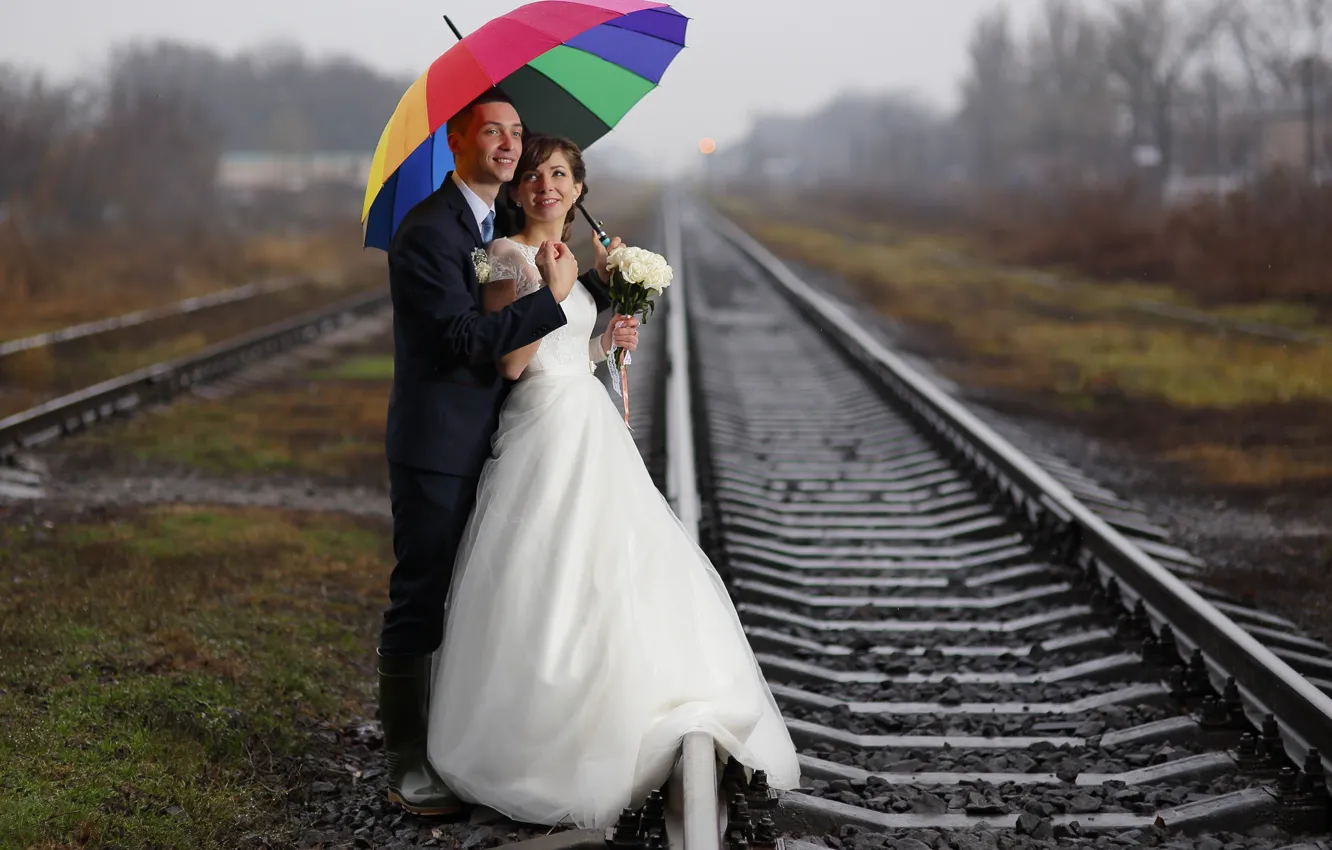 Фото обои зонтик, парочка, невеста, боке, жених