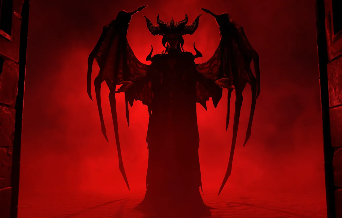 Фото обои horns, wings, Diablo, digital art, standing, video games, red background, Diablo IV