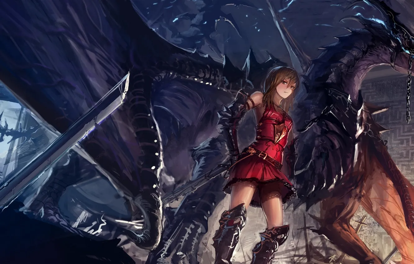 Фото обои девушка, оружие, дракон, меч, аниме, арт, цепь, hikaru