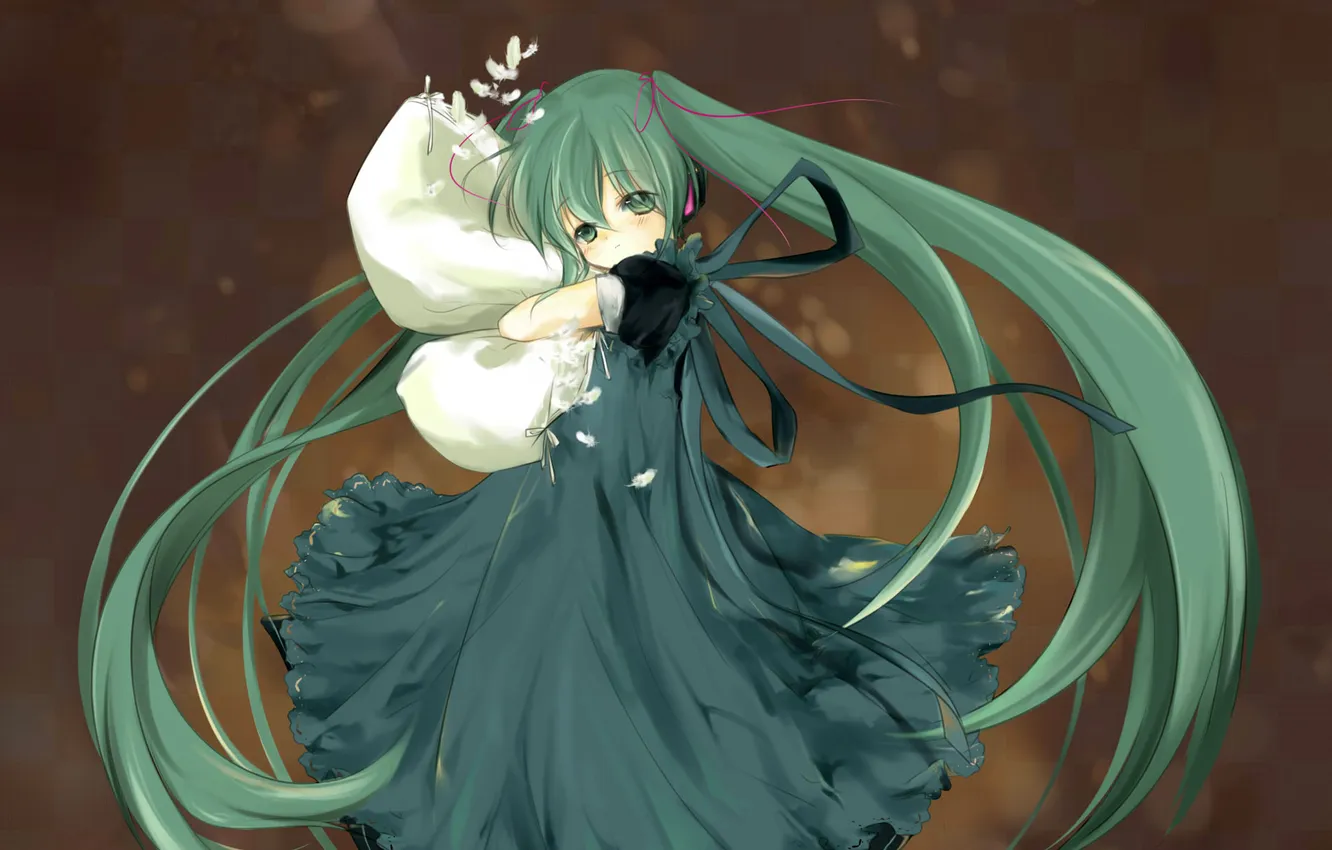 Фото обои перья, наушники, арт, девочка, подушка, vocaloid, hatsune miku, вокалоид