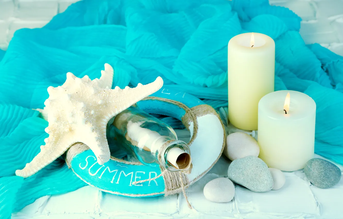 Фото обои камни, свечи, морская звезда, summer, marine, candles, starfish, bottle