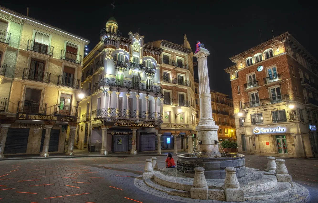 Фото обои ночь, улица, дома, площадь, фонтан, архитектура, Испания, houses