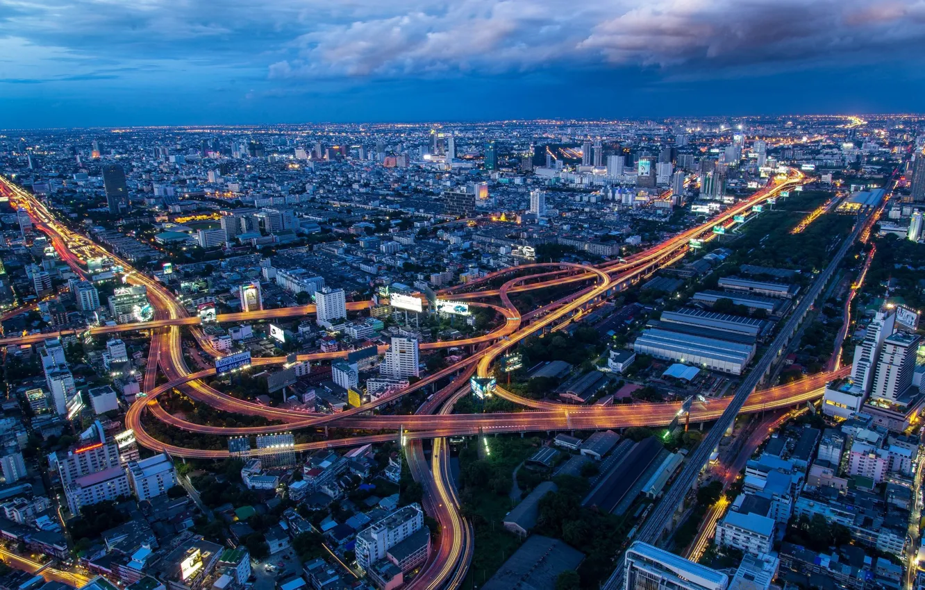 Фото обои небо, город, здания, дороги, Таиланд, Тайланд, Бангкок, вид сверху