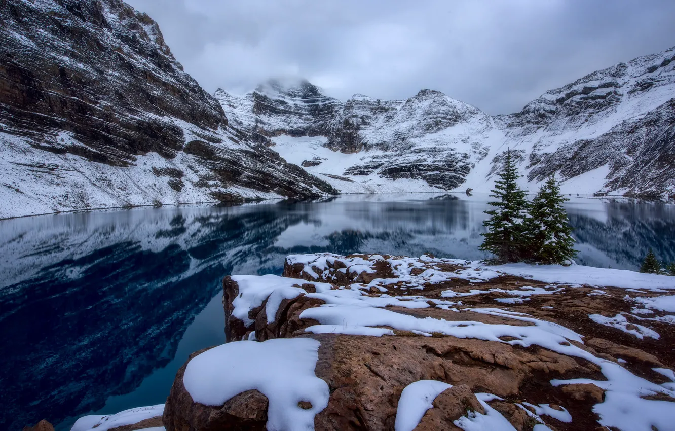 Фото обои снег, горы, озеро, отражение, ели, Канада, Canada, British Columbia