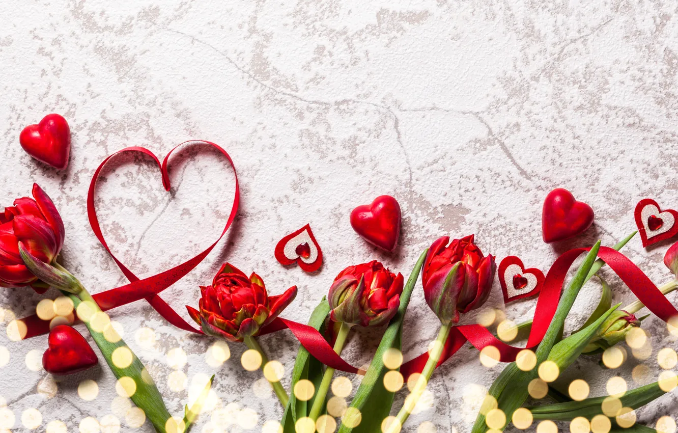 Фото обои любовь, цветы, букет, сердечки, тюльпаны, red, love, heart