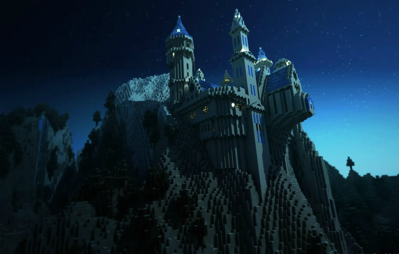 Фото обои крыша, небо, ночь, скала, замок, дерево, башня, звёзды