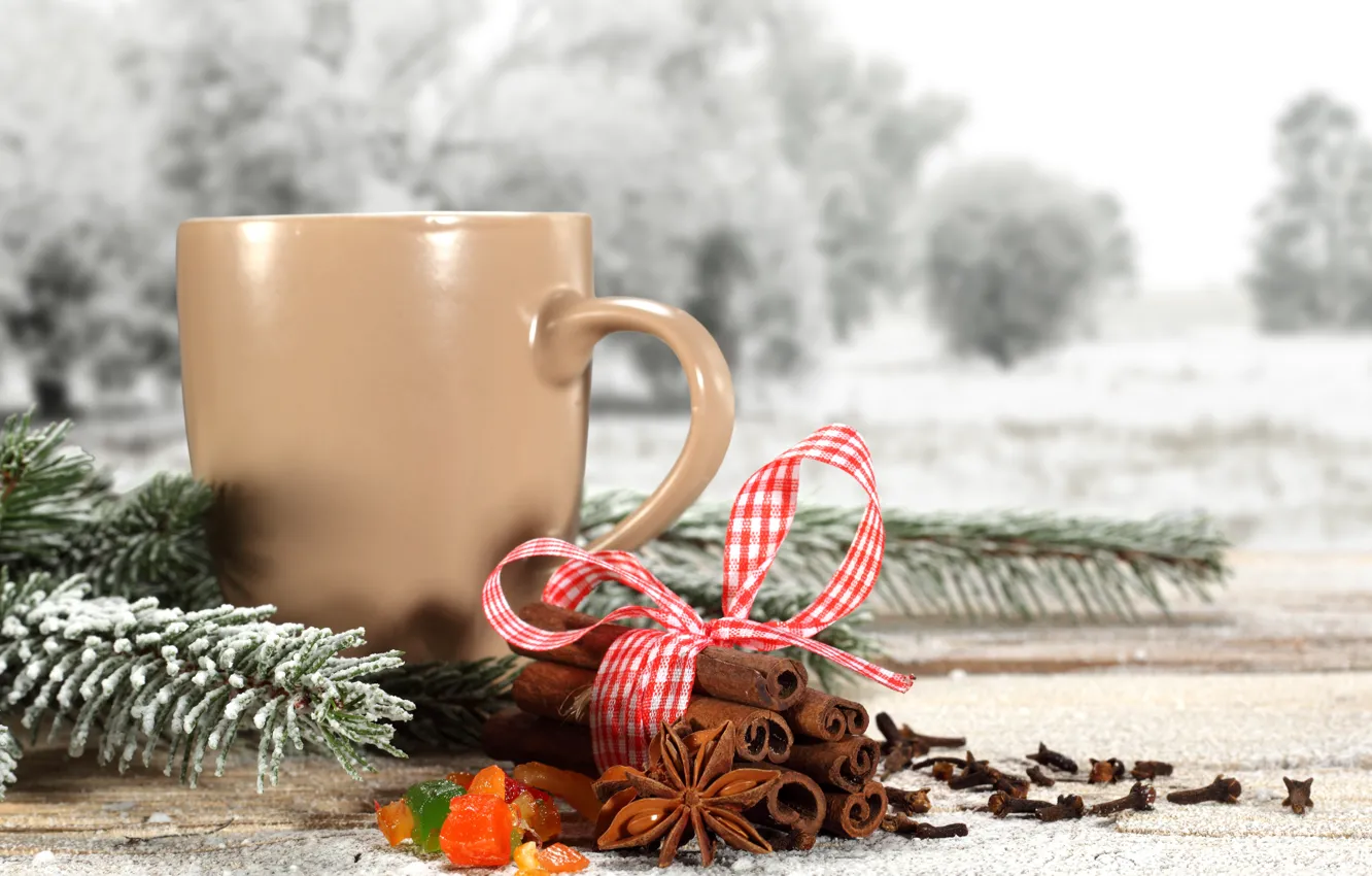 Фото обои зима, снег, веточка, чай, кофе, лента, сосны, winter