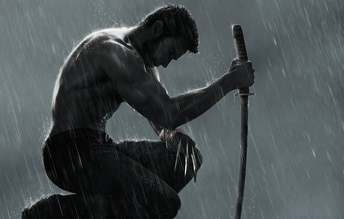 Фото обои дождь, меч, сидит, The Wolverine, стальные когти, Росомаха: Бессмертный
