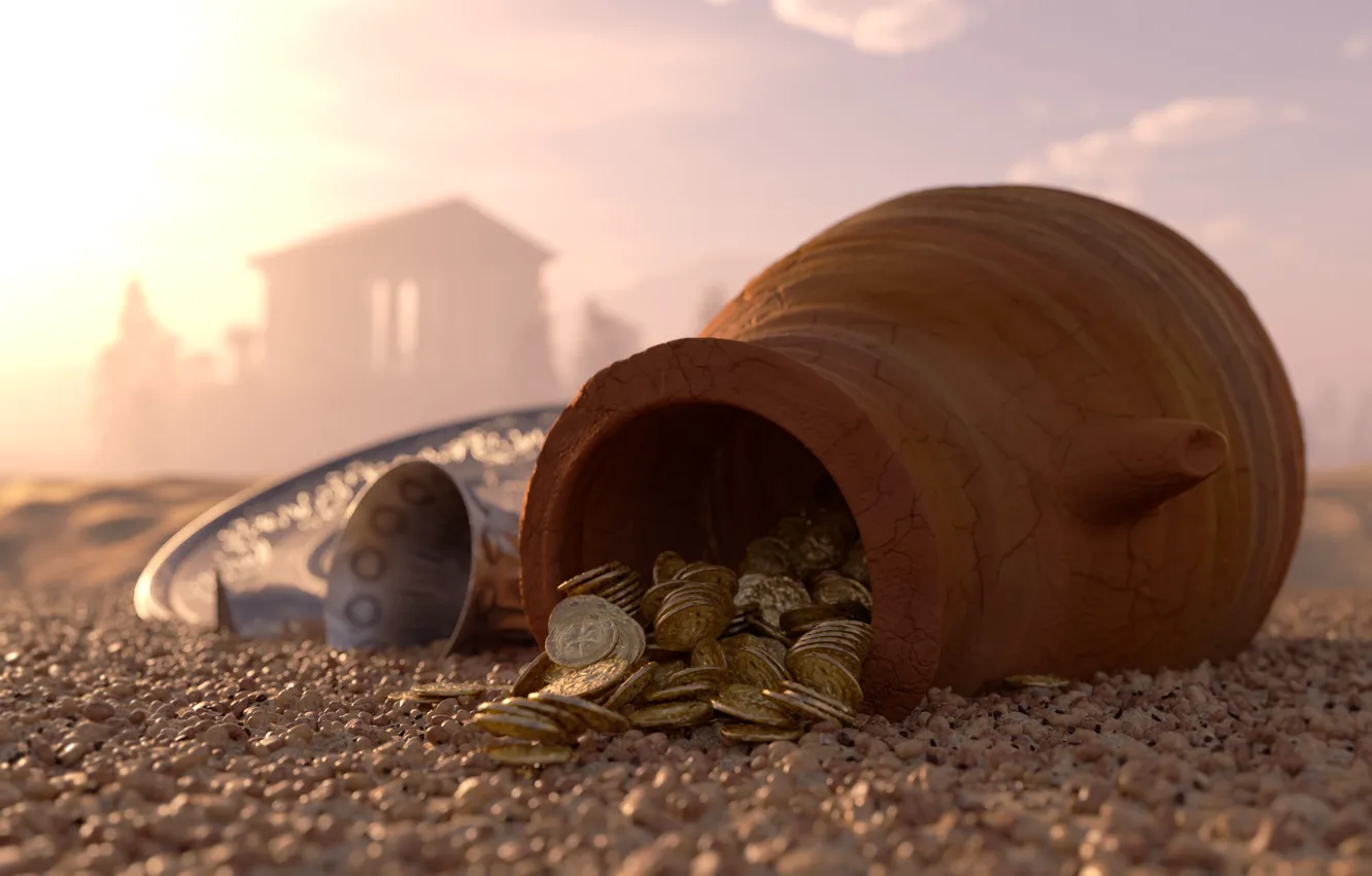 Фото обои песок, галька, деньги, чаша, размытость, монеты, кувшин, золотые