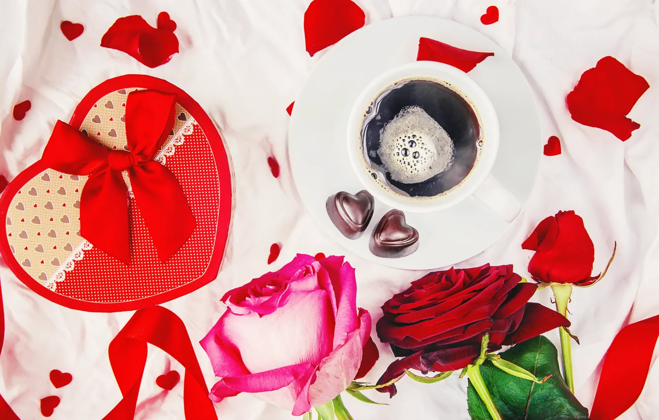 Фото обои цветы, подарок, розы, букет, сердечки, красные, red, love