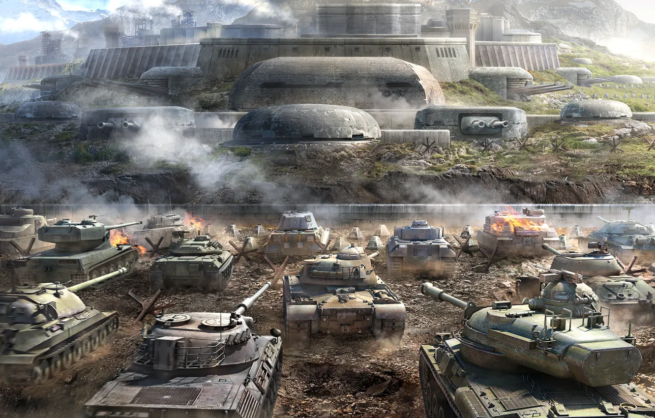 Фото обои Горы, Пыль, Дым, Танки, WoT, ИС-7, Tiger II, World of Tanks