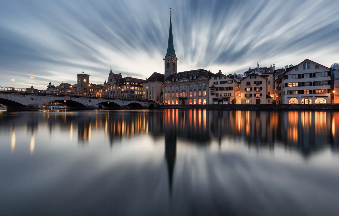 Фото обои мост, отражение, река, здания, дома, вечер, Швейцария, Switzerland