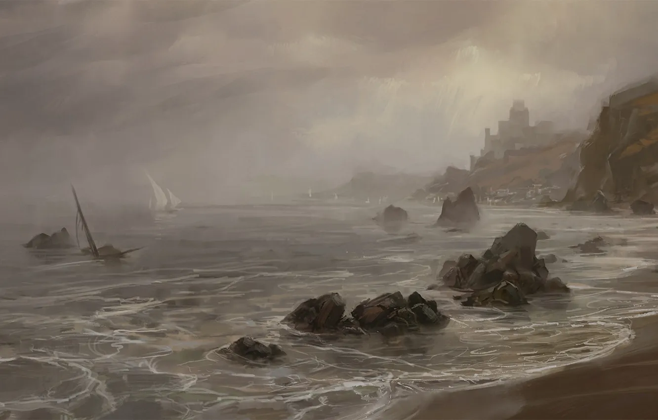 Фото обои море, туман, корабль, паруса, нарисованный пейзаж