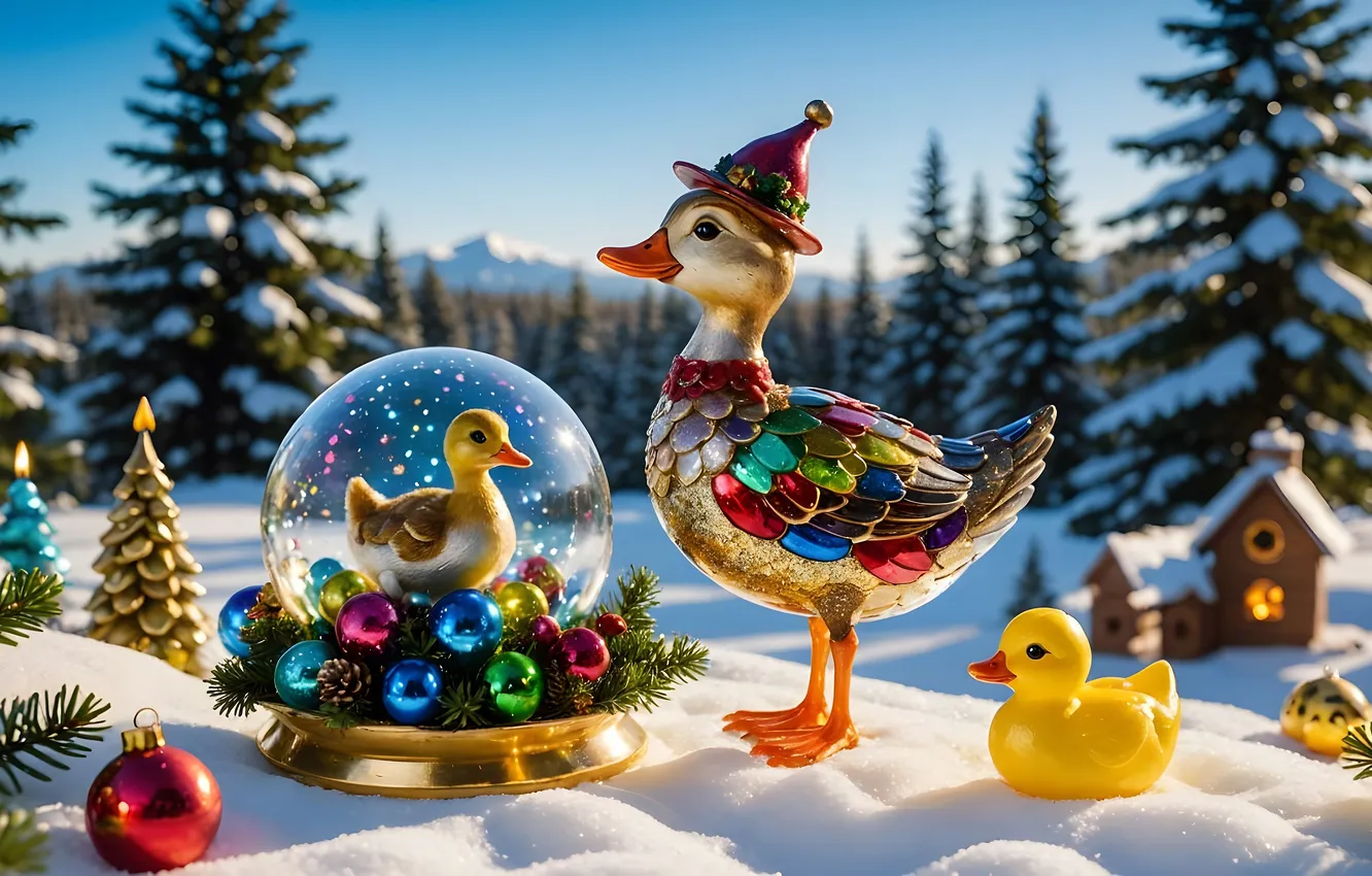 Фото обои зима, лес, шарики, снег, игрушки, утки, Рождество, Новый год