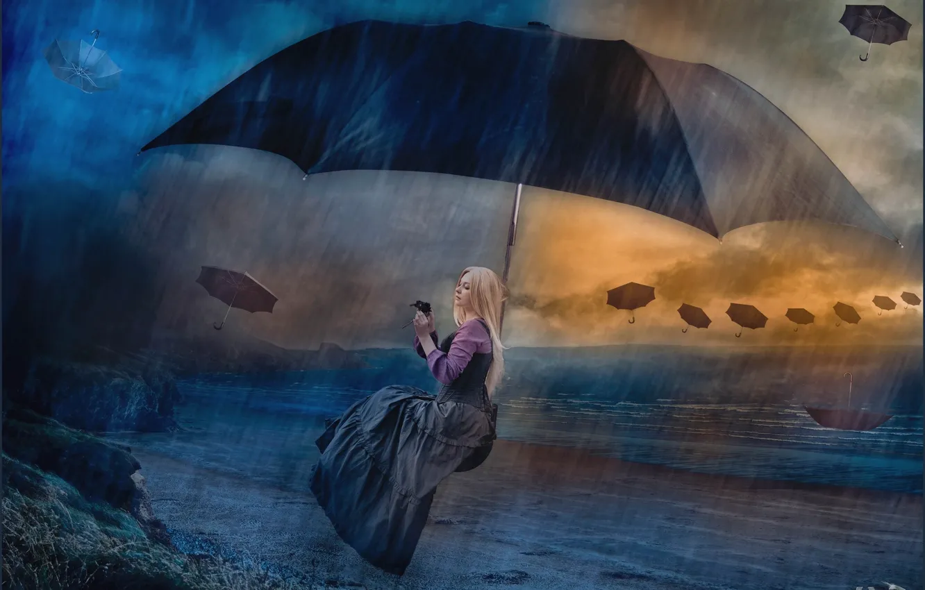 Фото обои девушка, зонт, фэнтези, зонтики, фотоарт