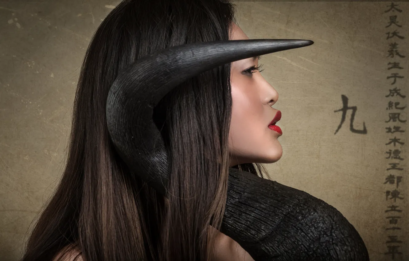 Фото обои макияж, иероглифы, рога, профиль, horn, восточная девушка, Joachim Bergauer