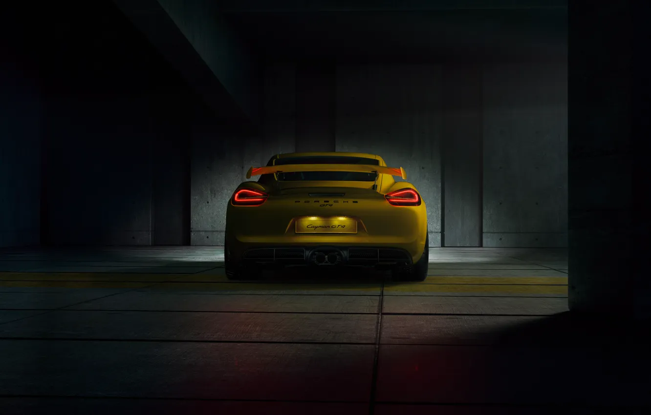 Фото обои Porsche, Cayman, Yellow, Parking, Supercar, GT4, Rear, 2015