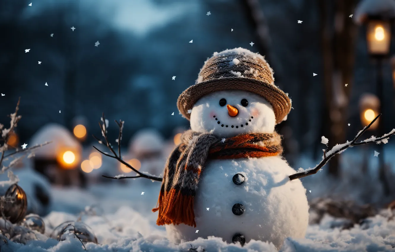 Фото обои зима, снег, Новый Год, Рождество, снеговик, happy, Christmas, night