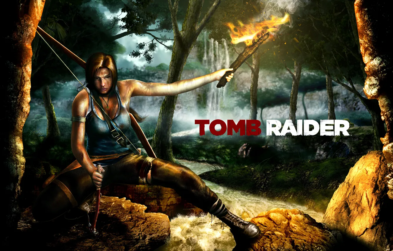 Фото обои лес, девушка, арт, факел, Tomb Raider
