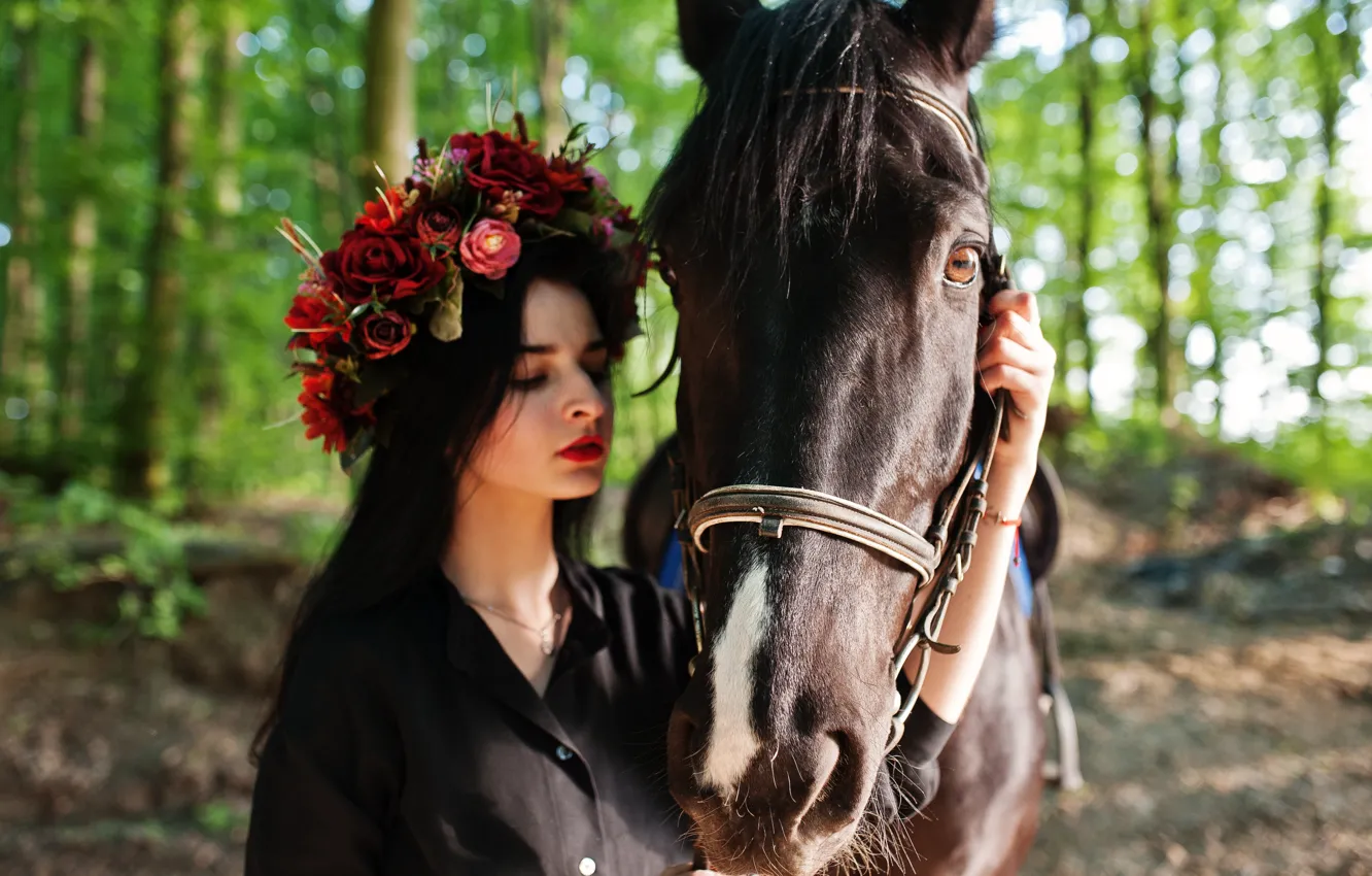 Фото обои черное платье, взгляд, конь, цветы, венок, в черном, природа, морда