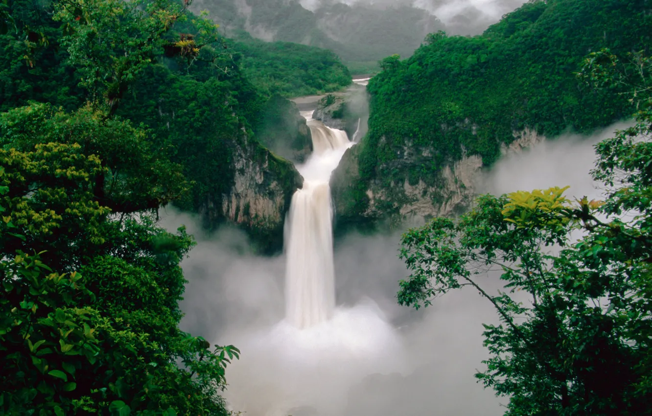 Фото обои лес, горы, река, водопад, Эквадор