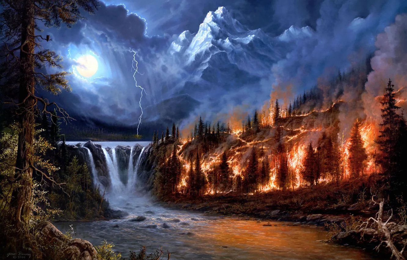 Фото обои лес, пейзаж, река, пожар, огонь, стихия, молния, водопад