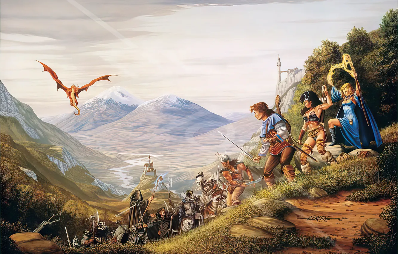 Фото обои Горы, Дракон, Замок, Воины, Волшебник, Воители, Larry Elmore, Ларри Элмор