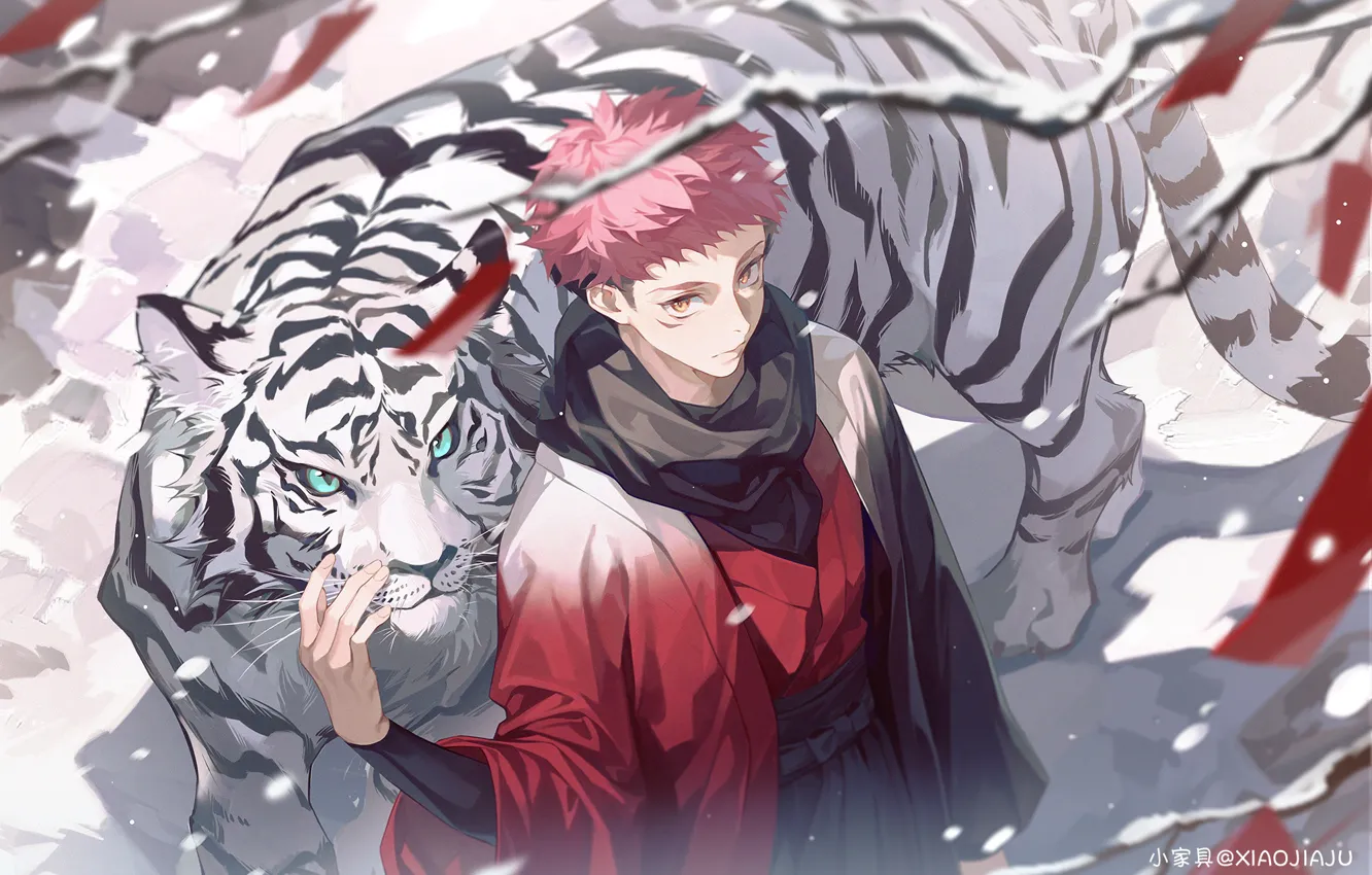 Фото обои снег, парень, белый тигр, Jujutsu Kaisen, mappa, Yuuji Itadori