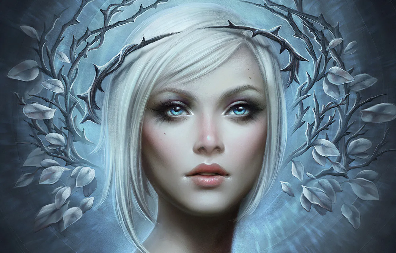Фото обои сияние, шипы, голубые глаза, blue eyes, crown, fantasy art, beautiful woman, radiance