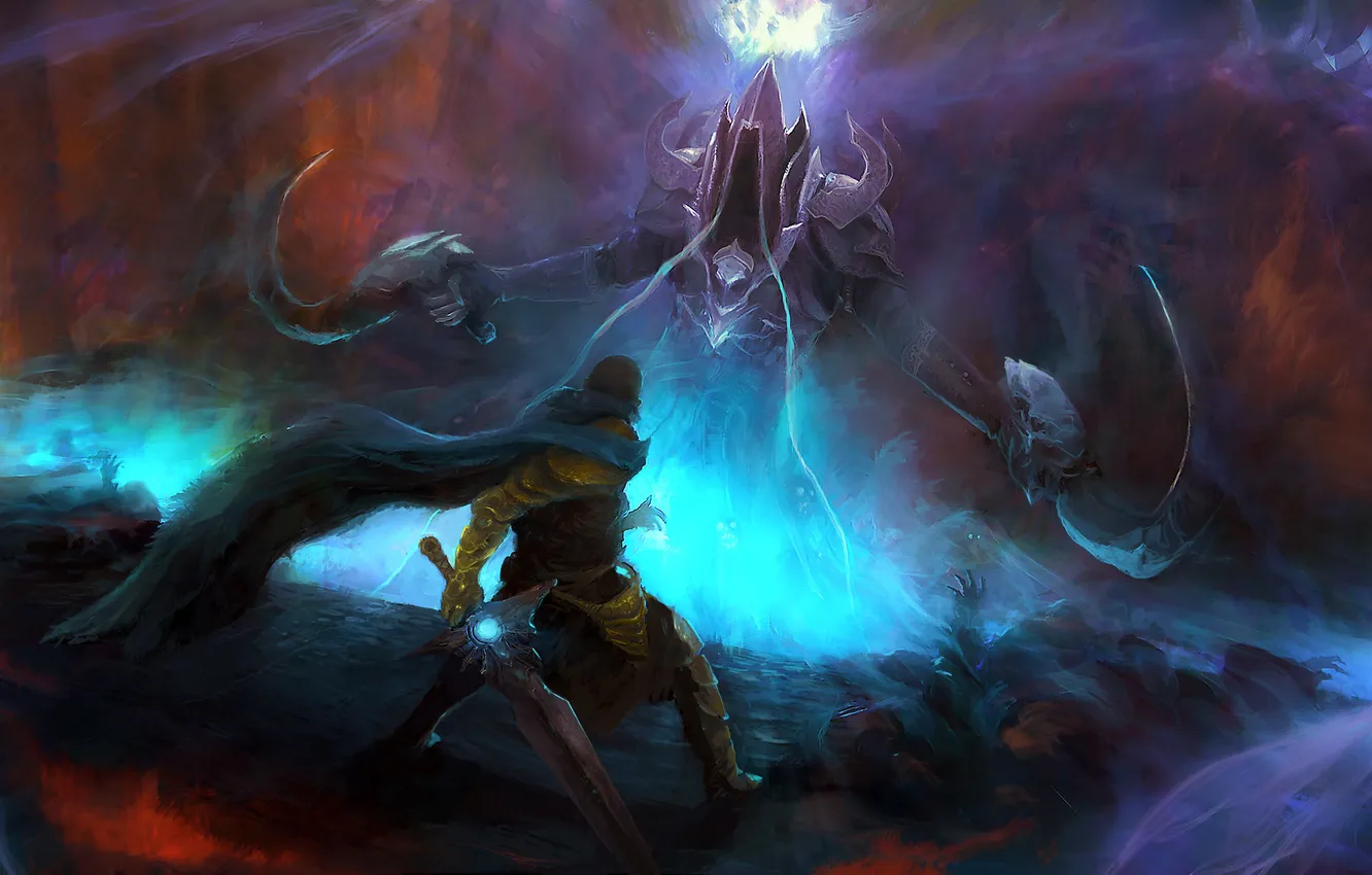 Фото обои меч, арт, мужчина, битва, Diablo III, Reaper of Souls, Malthael