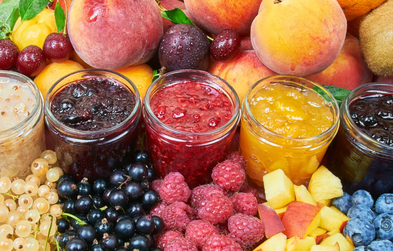 Фото обои вишня, ягоды, малина, киви, черника, банки, фрукты, персик