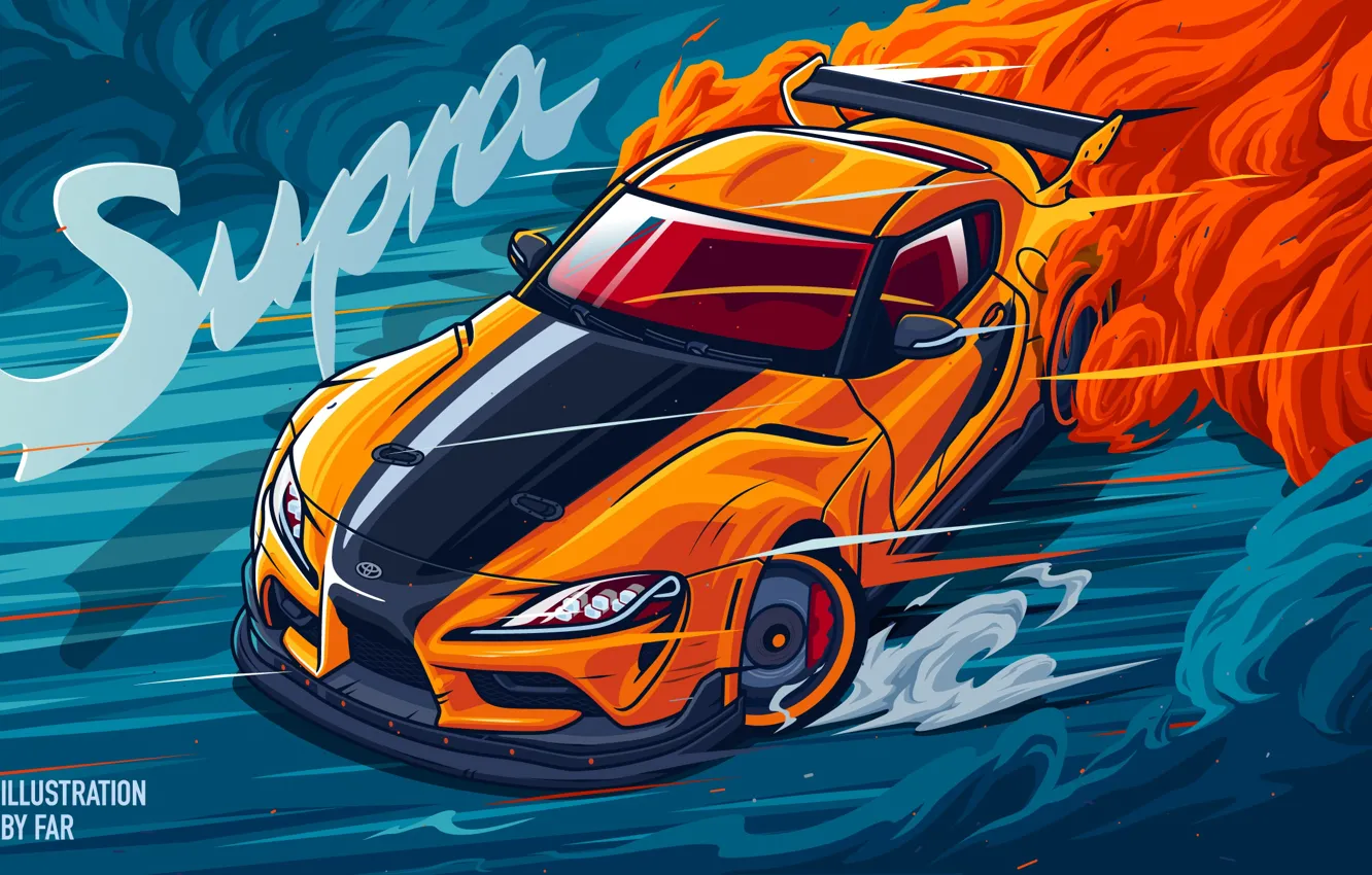 Фото обои car, drift, Toyota, smoke, digital art, Toyota Supra, artwork, vehicle