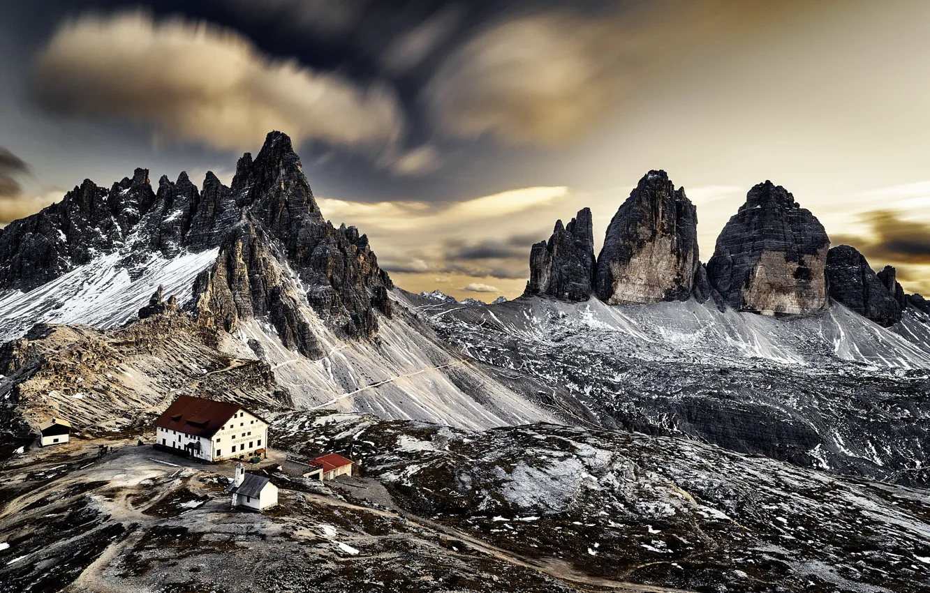 Фото обои горы, дома, Dolomites, Italie