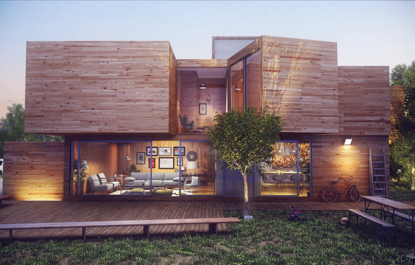 Фото обои дизайн, велосипед, House, строение, exteroir final render