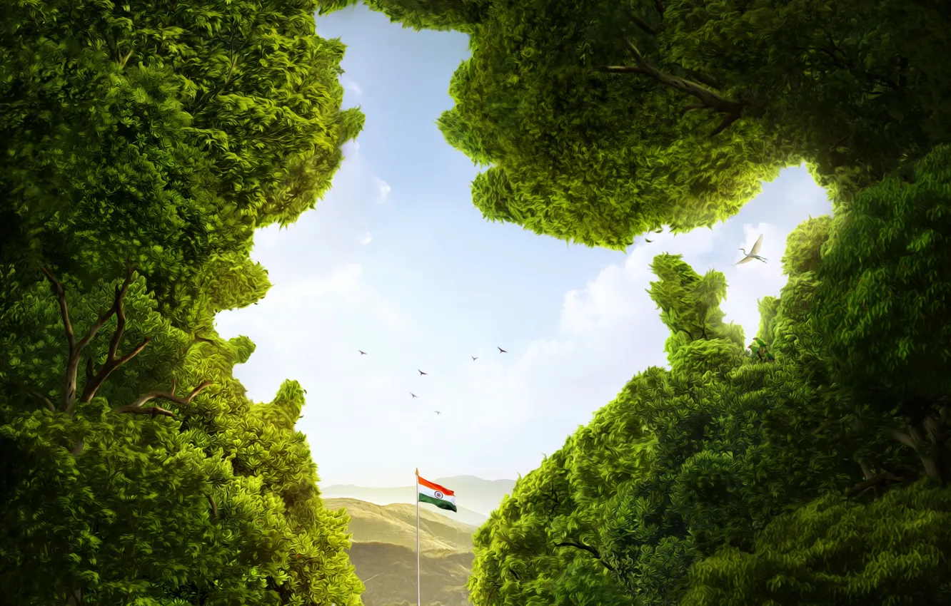 Фото обои зелень, небо, деревья, горы, птицы, природа, Индия, флаг