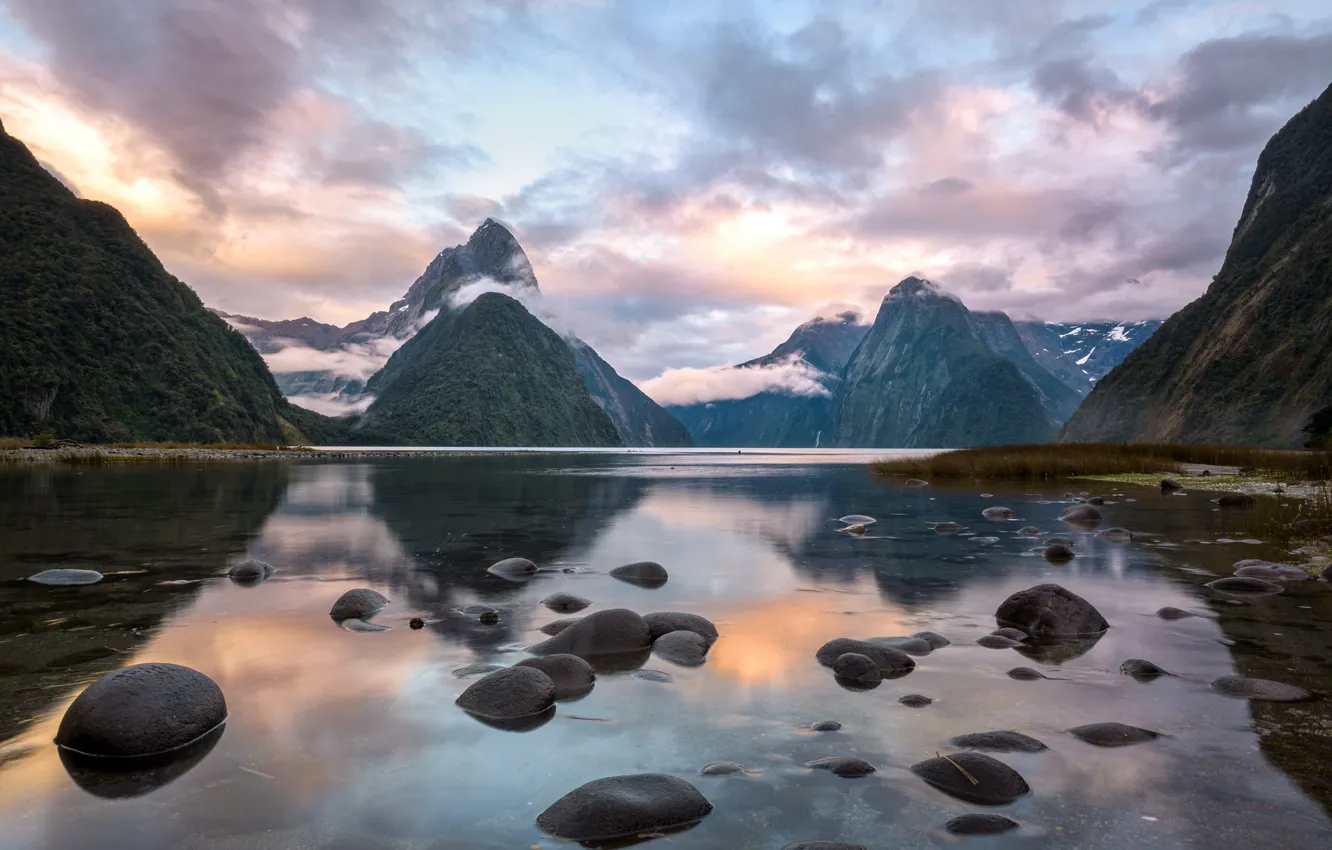 Фото обои горы, озеро, Новая Зеландия, New Zealand, Milford Sound