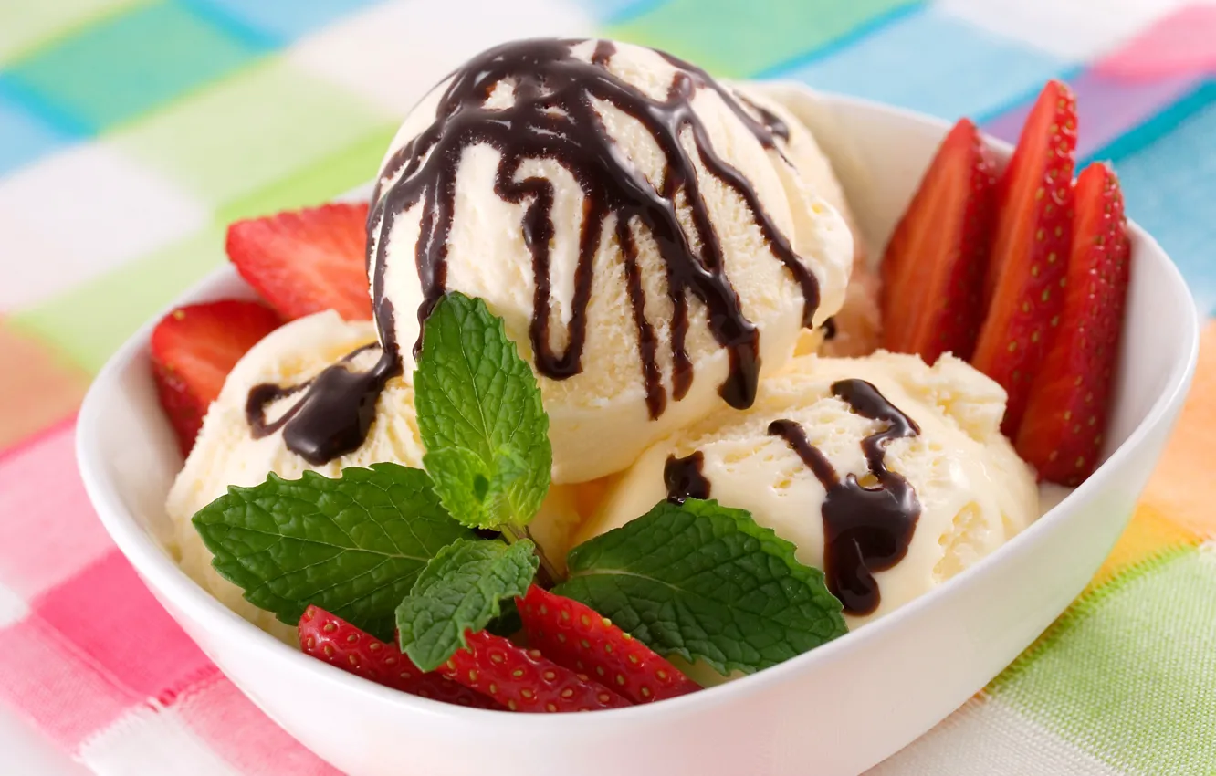 Фото обои ягоды, шоколад, клубника, мороженое, мята, десерт