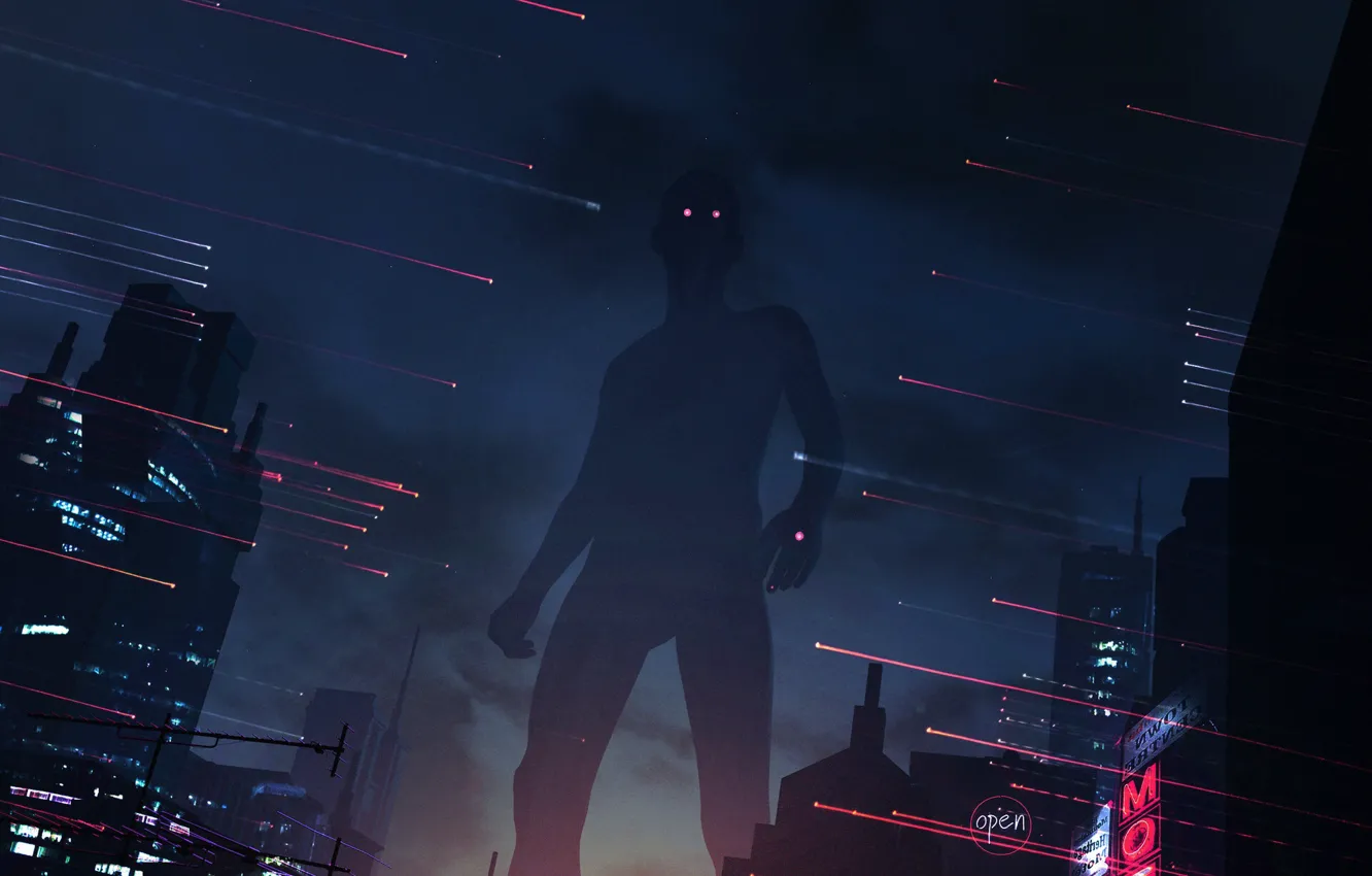 Фото обои Ночь, Город, Силуэт, City, Art, Concept Art, Гигант, Science Fiction