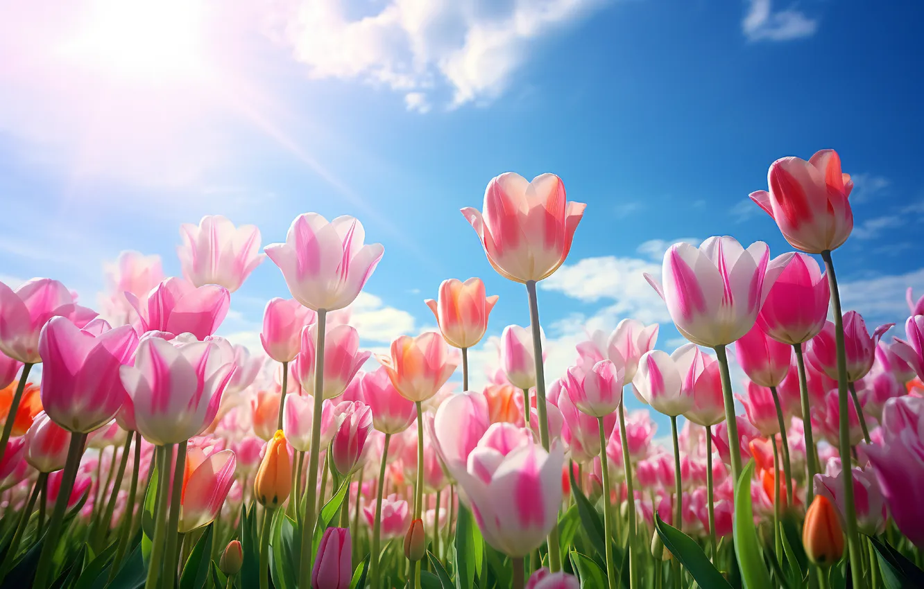 Фото обои поле, цветы, весна, colorful, тюльпаны, sunshine, цветение, pink