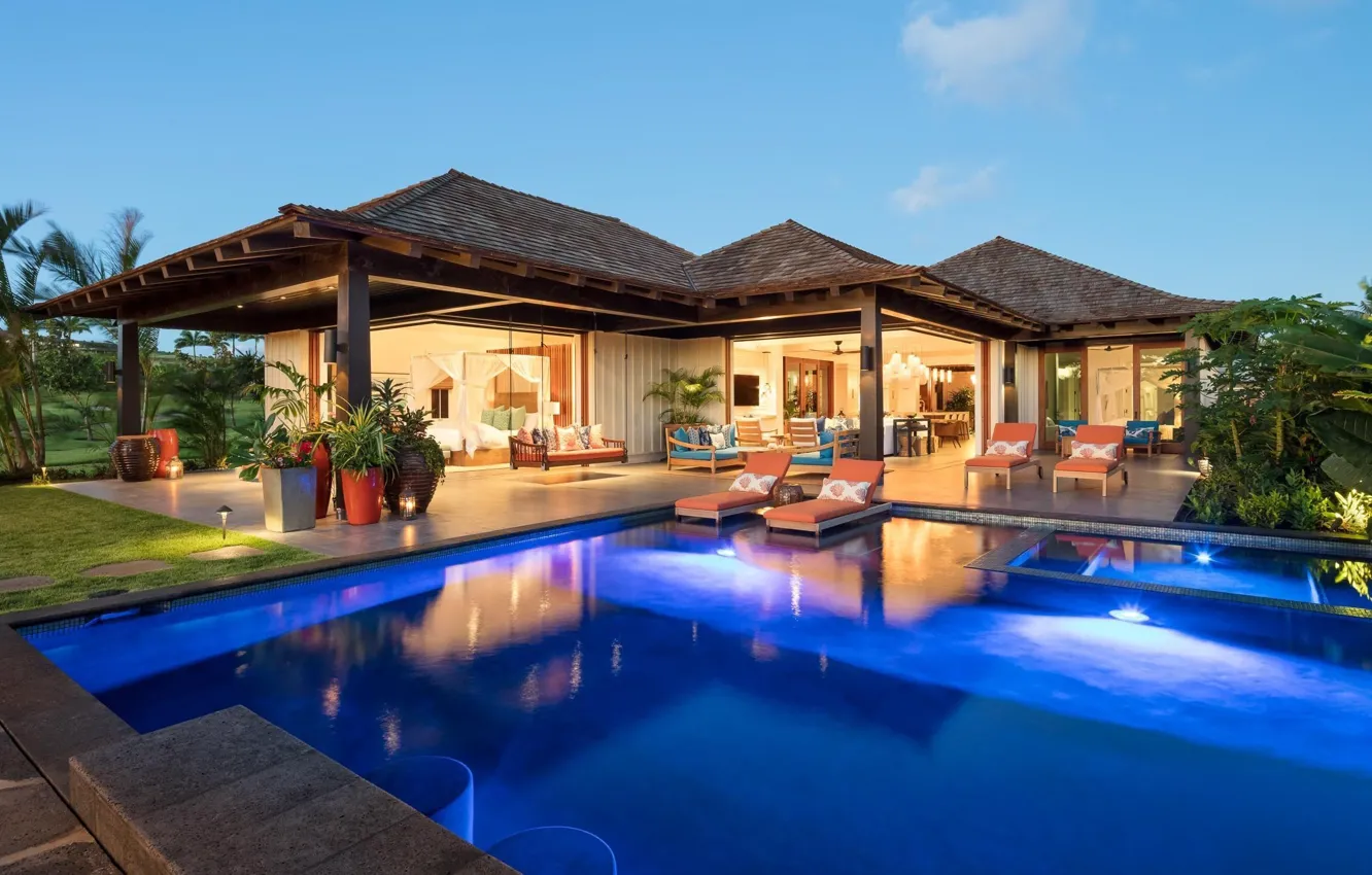 Фото обои вилла, вечер, бассейн, освещение, Гавайи, архитектура, Hawaii, терраса