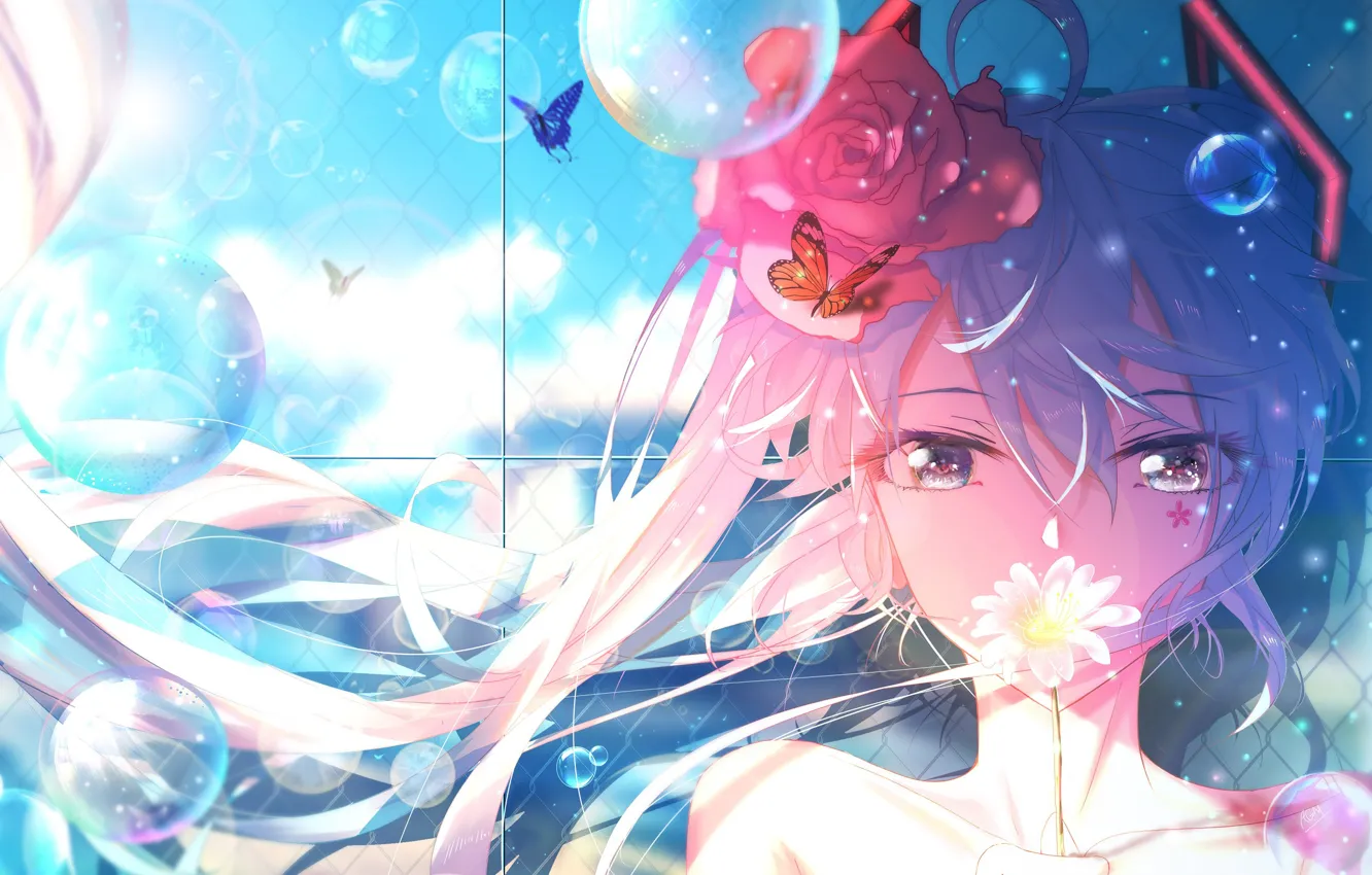Фото обои взгляд, пузырьки, роза, Hatsune Miku, Vocaloid, Вокалоид, Хатсуне Мику